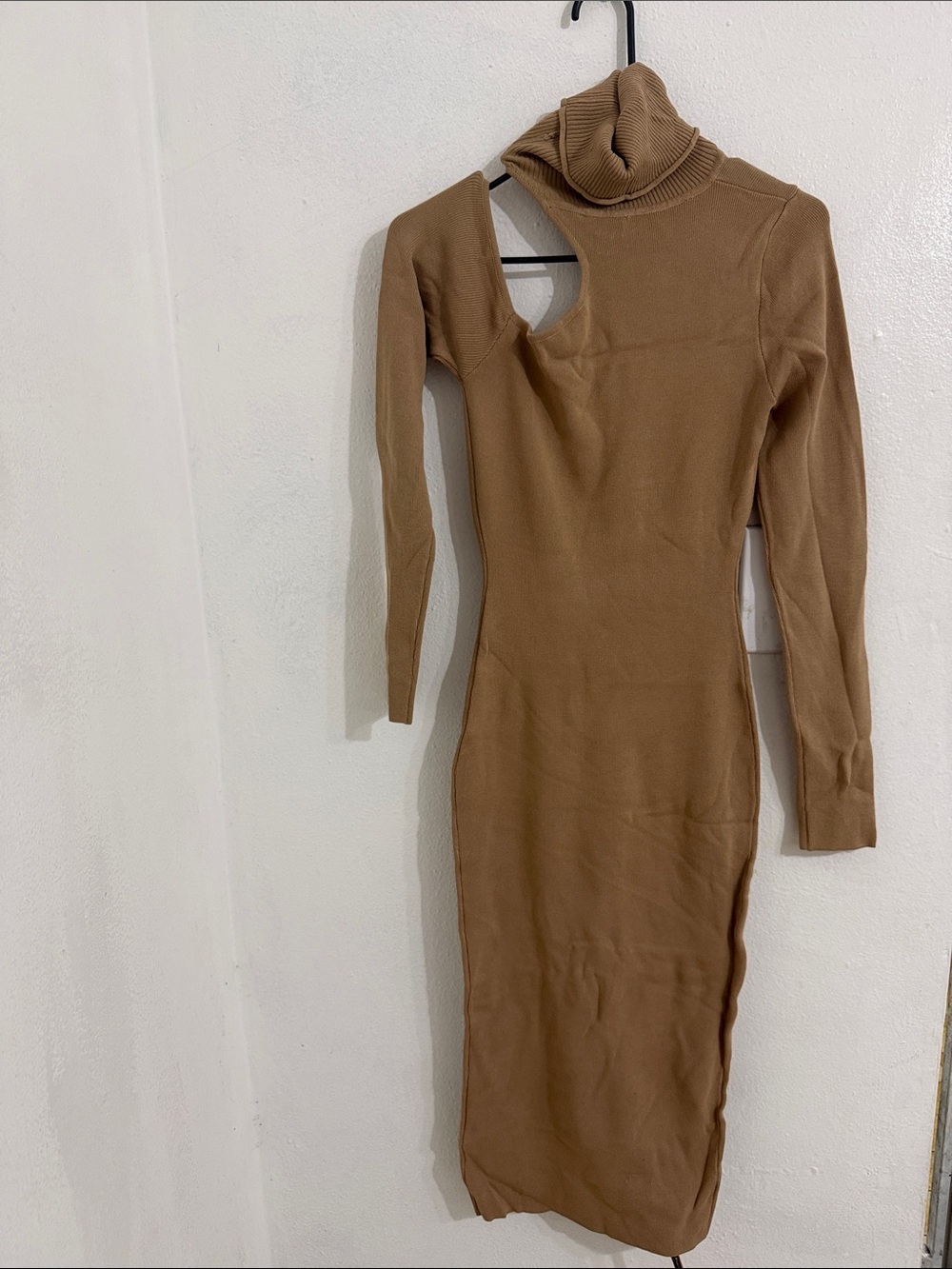 Hera Collection Asymmetrical Cutout Turtleneck Dress in Brown